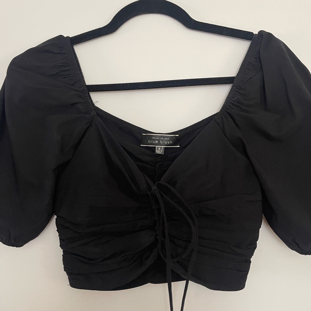 Blue Blush Black Ruched Crop Blouse